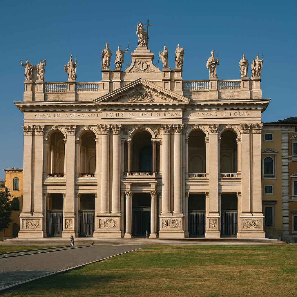 Sunlit view of the Lateran Basilica in Rome, showing its grand façade with statues and arched portals.