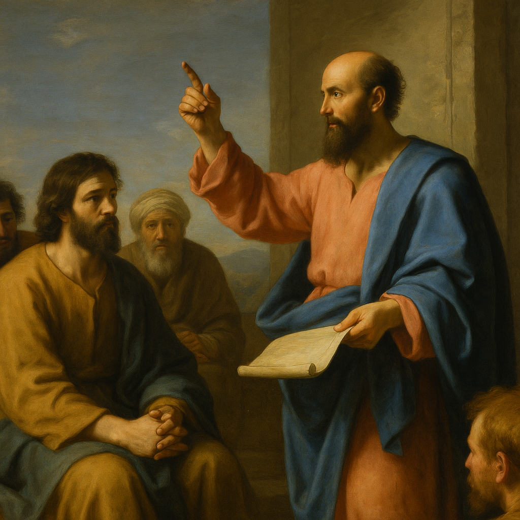 A classical oil painting of Saint Paul preaching passionately to a small group of listeners, holding a scroll and gesturing upward, illuminated by warm, natural light.