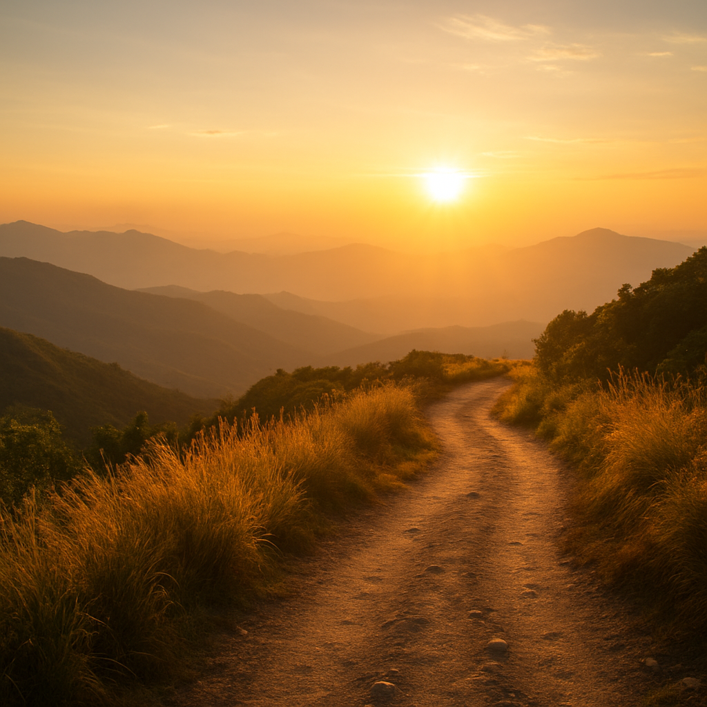 Sunlit mountain path at dawn symbolizing steadfast faith.