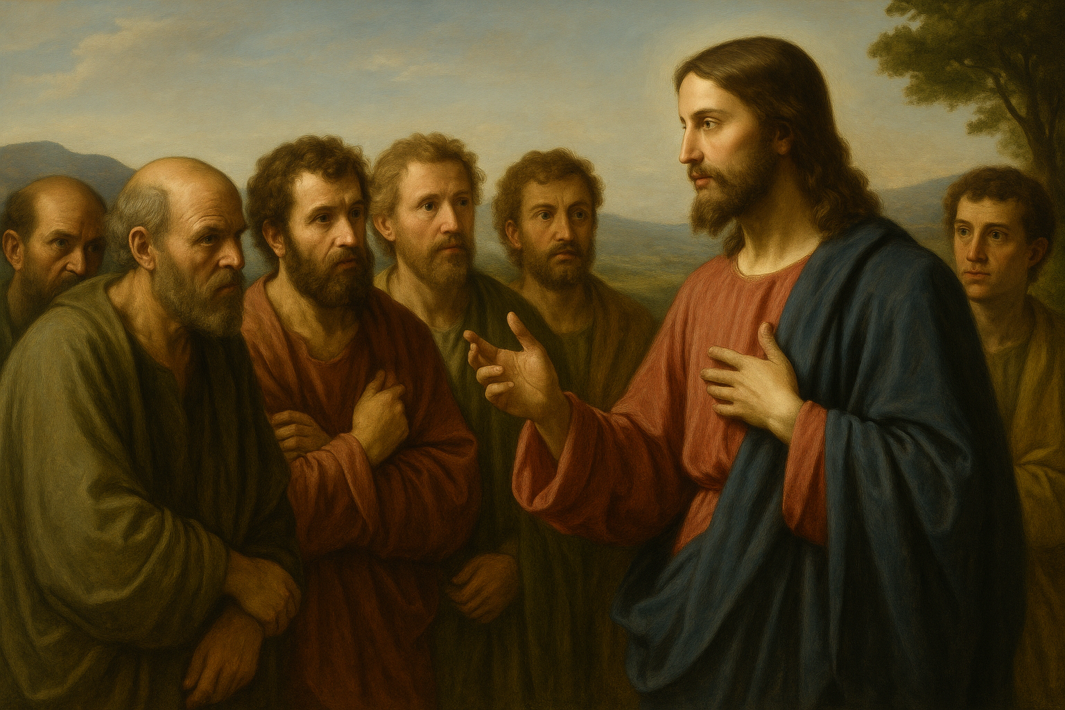 Jesus teaching His disciples about serving God faithfully, symbolizing spiritual integrity and devotion.