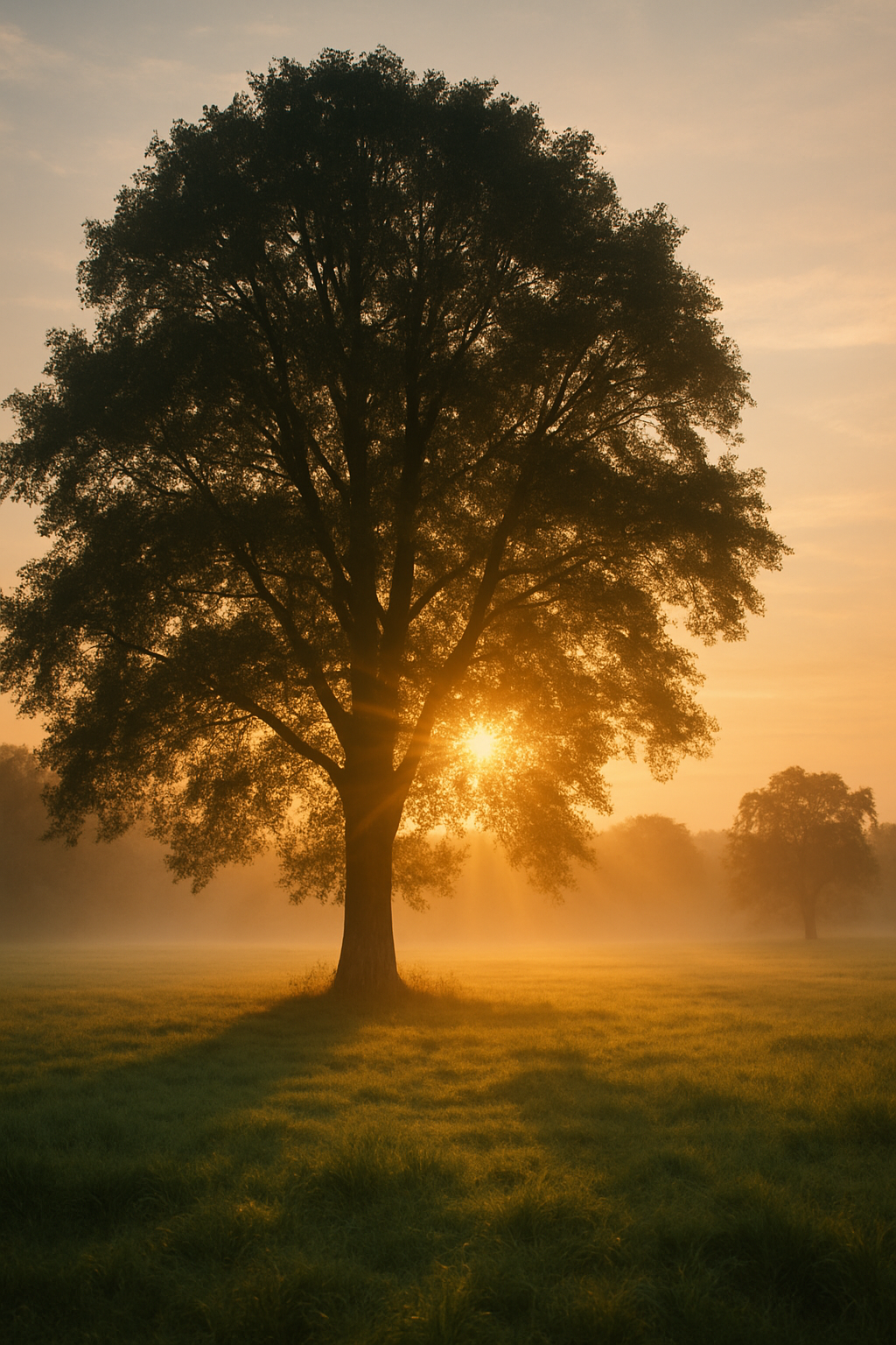 Sunlight filtering through a tall tree at dawn, symbolizing renewal and courage.