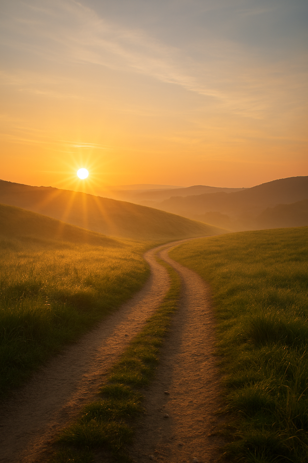 Sunrise casting warm light over a quiet path through gentle hills.