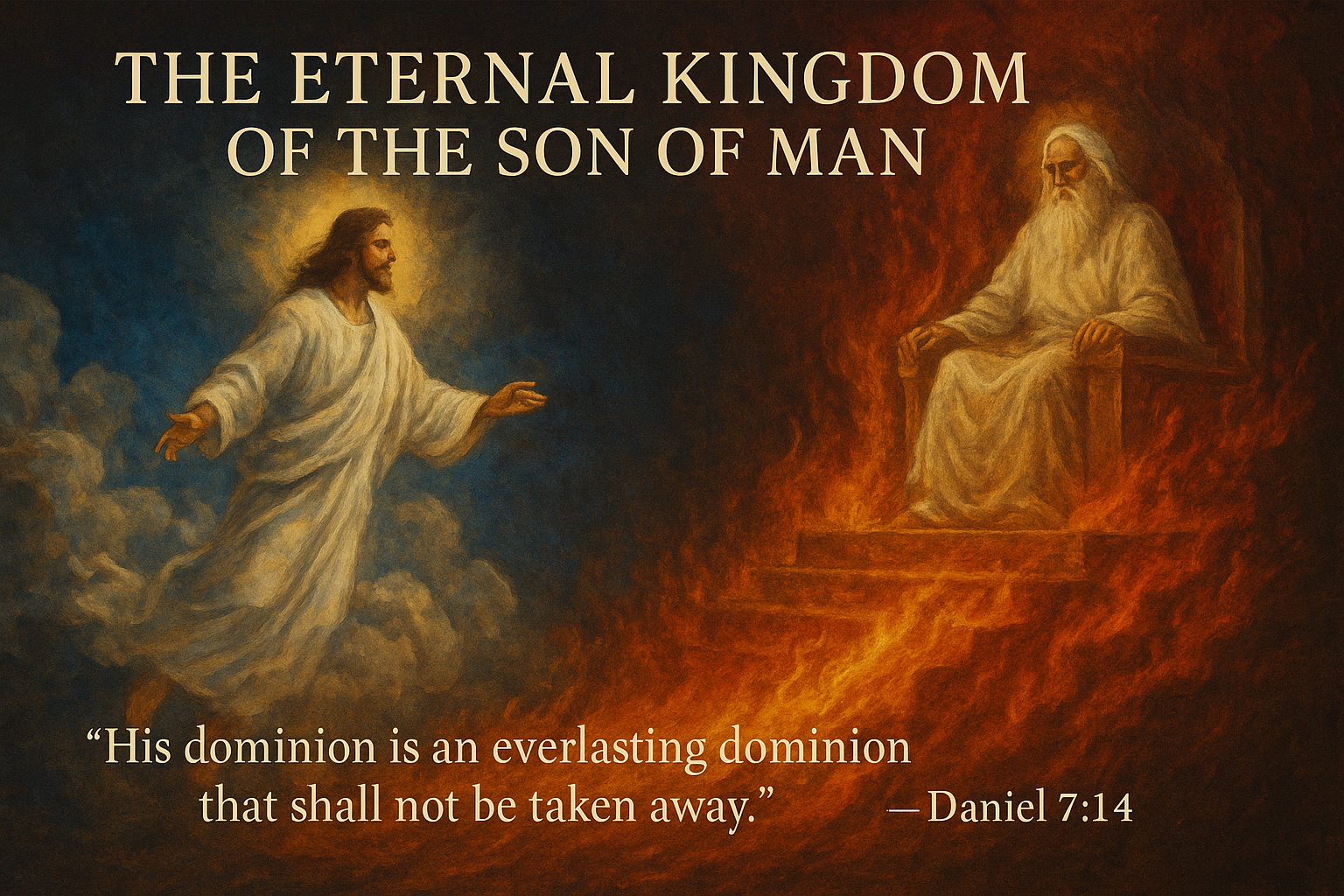 The Son of Man coming on the clouds in radiant glory before the Ancient One seated on a fiery throne, symbolizing Christ’s eternal dominion.