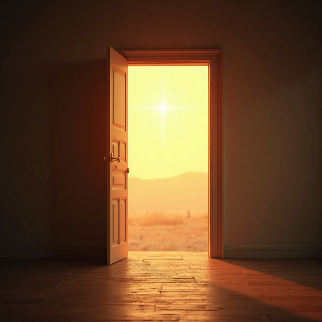 Soft morning light shining through an open doorway symbolizing welcome.