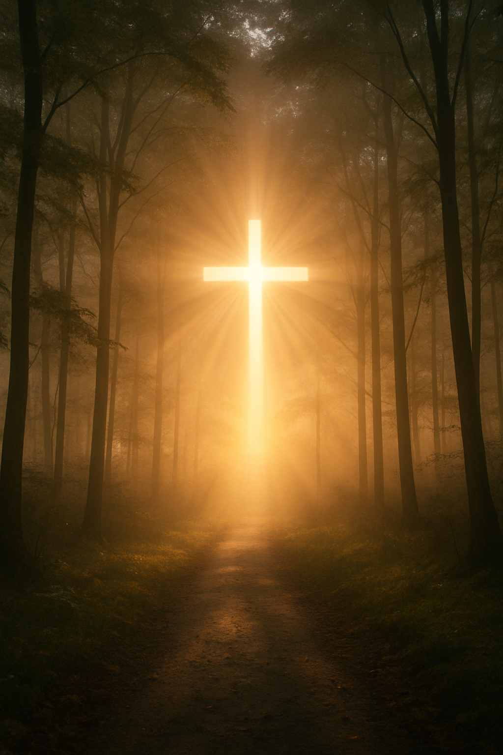 Sunlight breaking through a quiet misty forest at dawn.