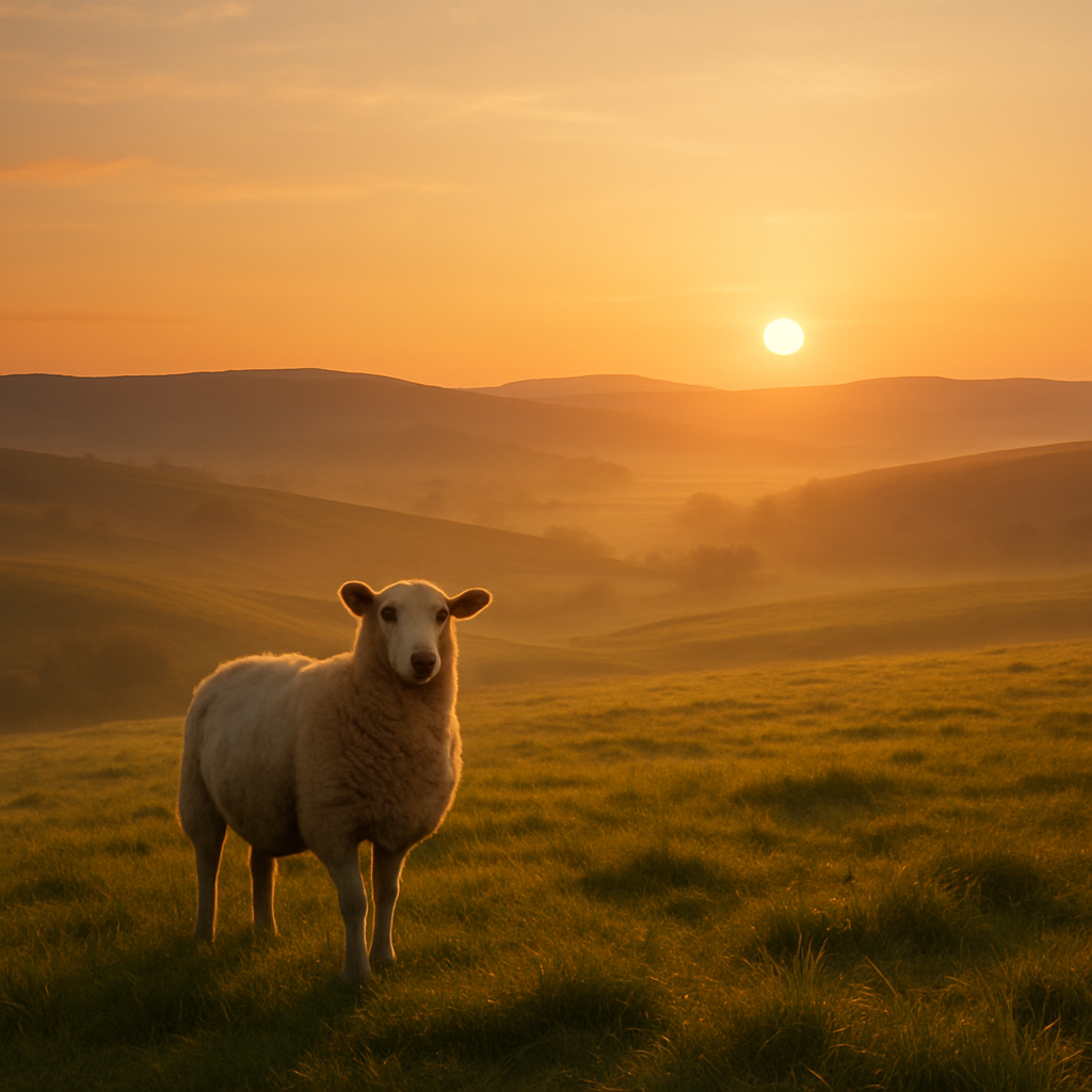 Lone sheep in a sunlit hillside meadow at dawn.