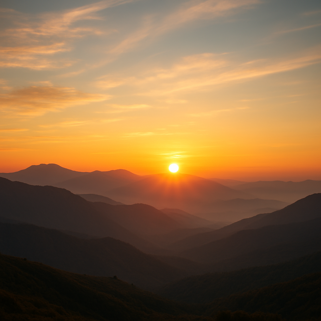 Gentle sunrise illuminating quiet mountains with soft golden light.