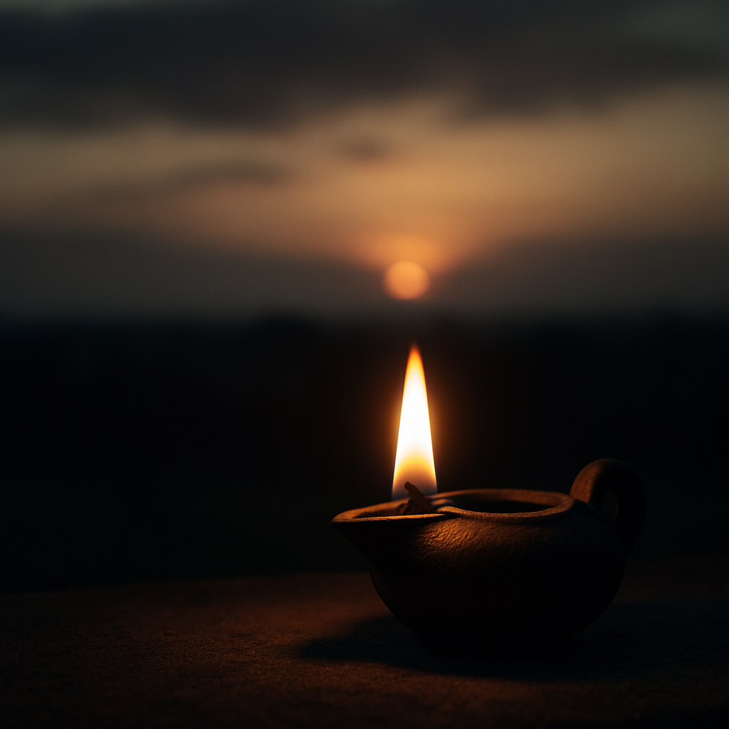 A glowing oil lamp shining softly in the early morning light.
