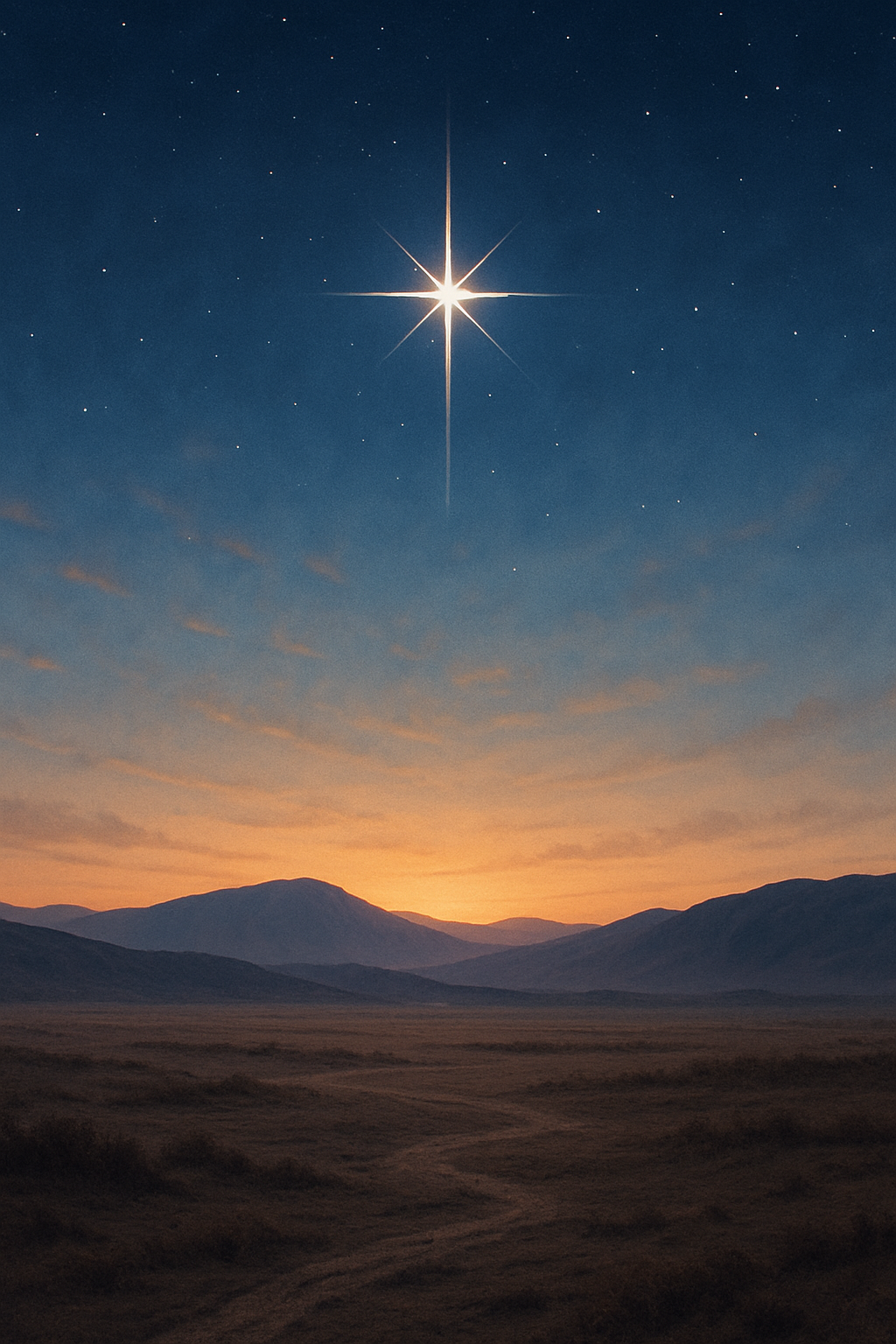 A bright star rising in a peaceful dawn sky over a quiet landscape.