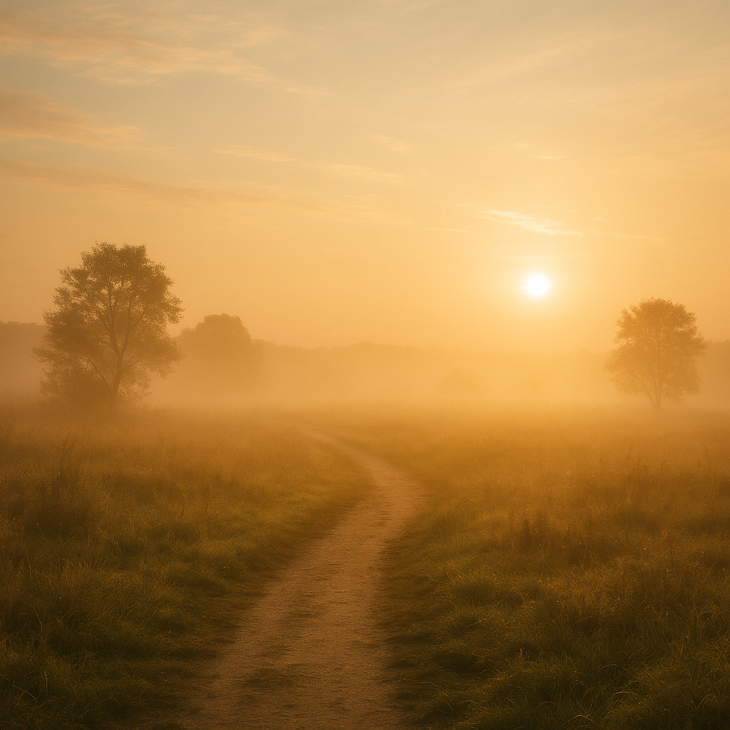 Soft morning light over an open path symbolizing trust and joyful surrender to God.