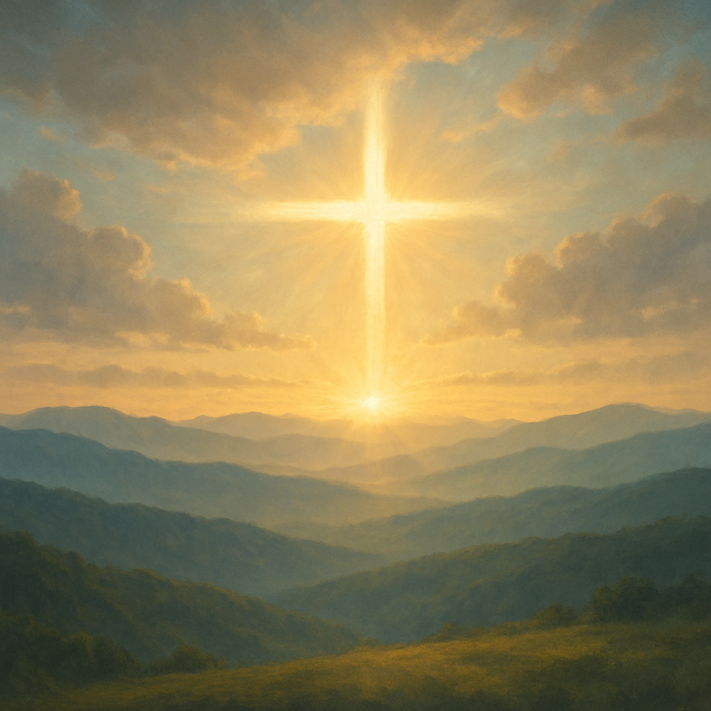 Soft light rising over hills, symbolizing Christ as the Light of the world.