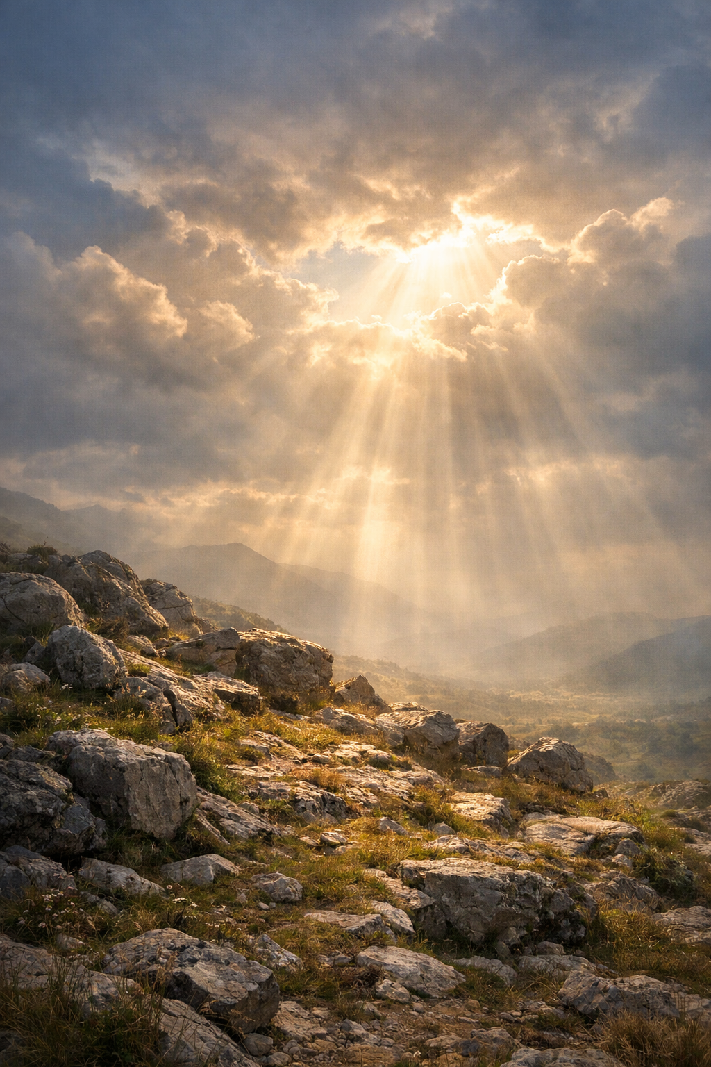 Light breaking through clouds over a rocky hillside, symbolizing trust in God during trial.
