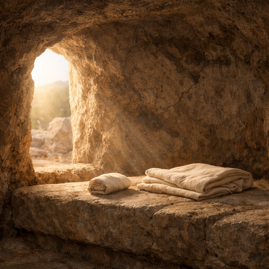 Soft light entering an empty tomb with folded burial cloths