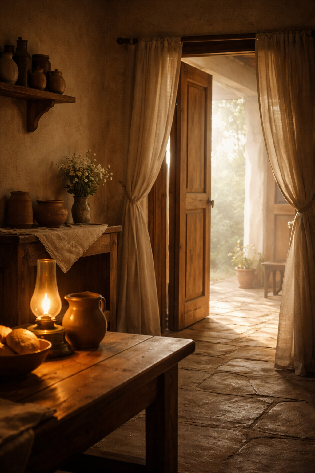 Soft light filling a simple home interior symbolizing peace and family faith