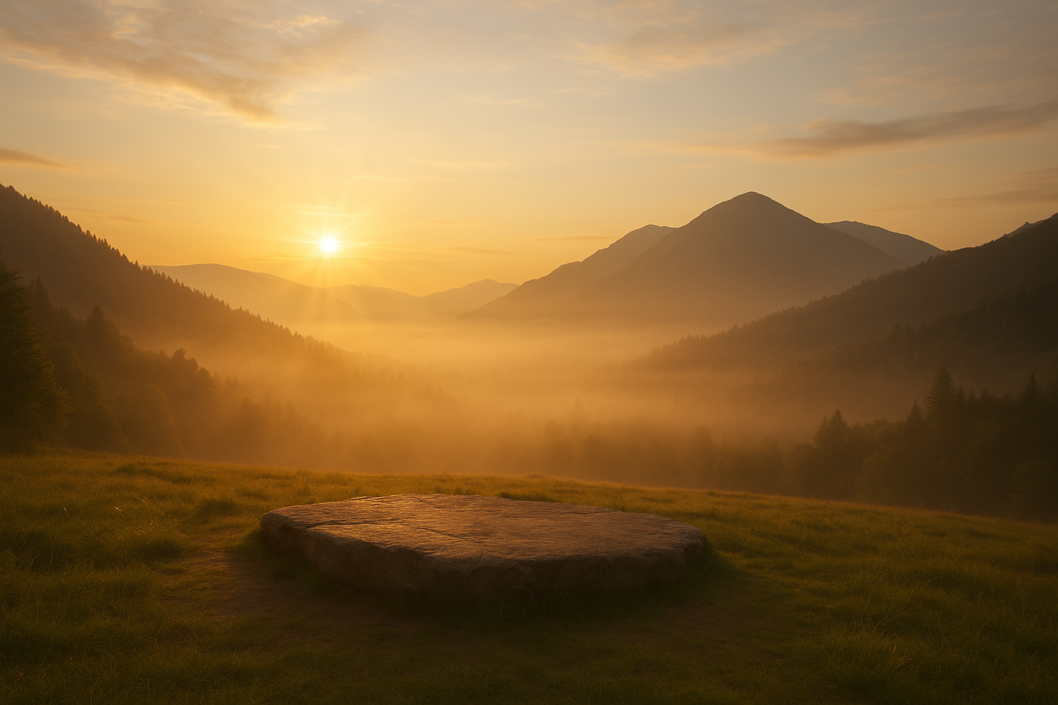 Sunlit mountain landscape with soft morning mist and a peaceful clearing.