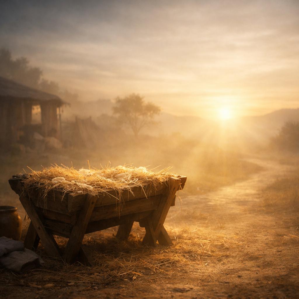 Soft morning light illuminating a simple manger scene, symbolizing peace and new beginnings.