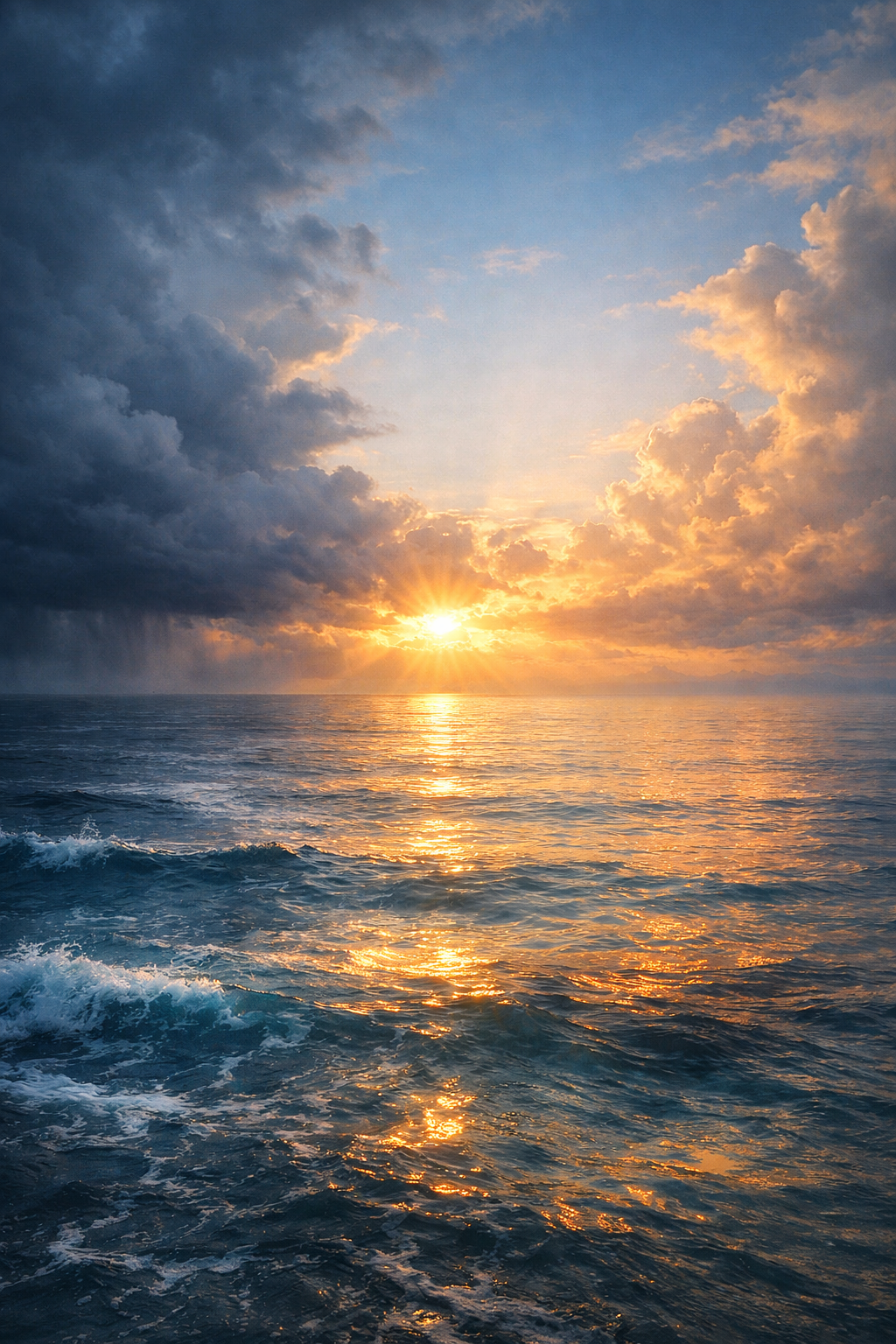 Calm sea at dawn after a storm, symbolizing God’s peace and mercy.