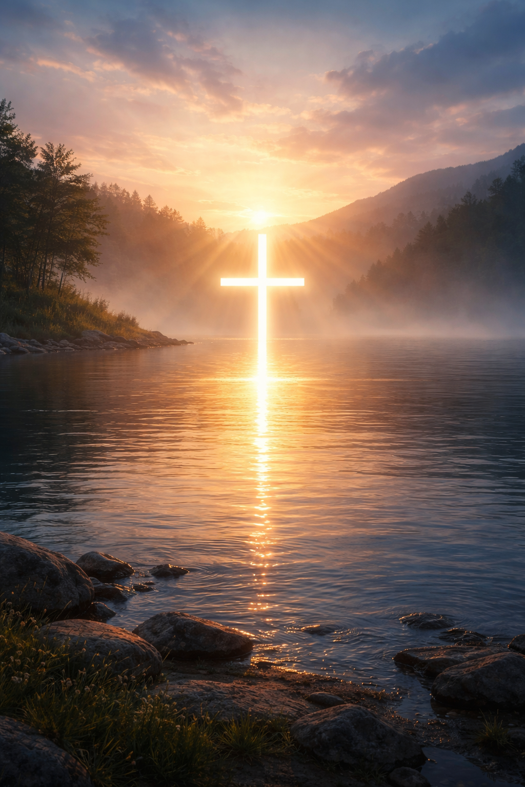 Soft dawn light shining over calm waters, symbolizing hope and Christ’s light overcoming darkness.