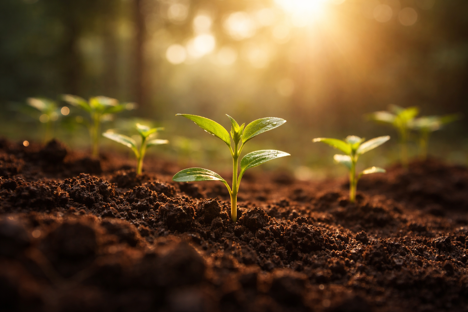 Young green plants sprouting from rich soil in soft morning light