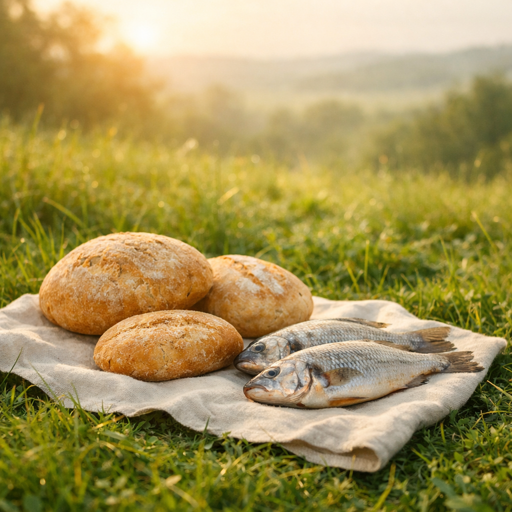 Loaves and fish resting on green grass in gentle morning light.