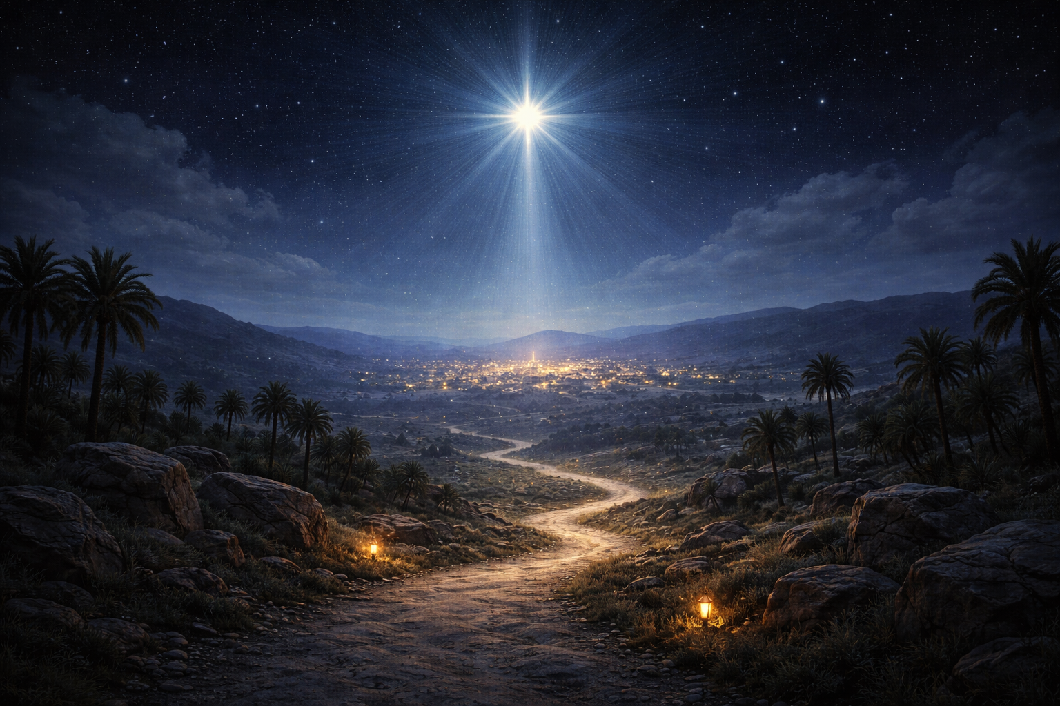 A serene night scene with a bright star illuminating a quiet path toward Bethlehem. Soft light breaking through darkness, evoking wonder, guidance, and holy discovery. No faces; symbolic and contemplative.