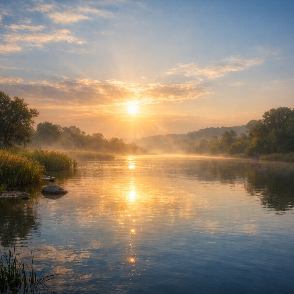 Calm river at dawn symbolizing the baptism of Jesus and God’s peace