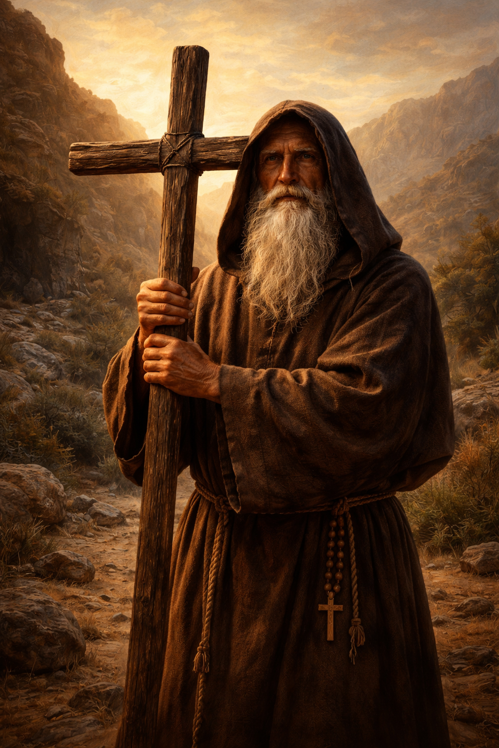 Desert sunrise illuminating rocky landscape with soft golden light.