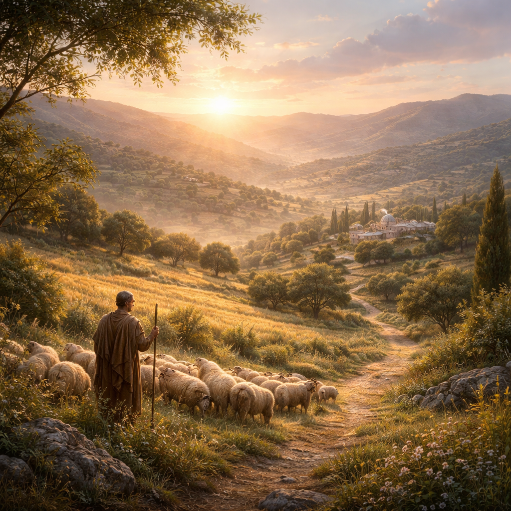 Soft dawn light over hills symbolizing God’s quiet and faithful calling.