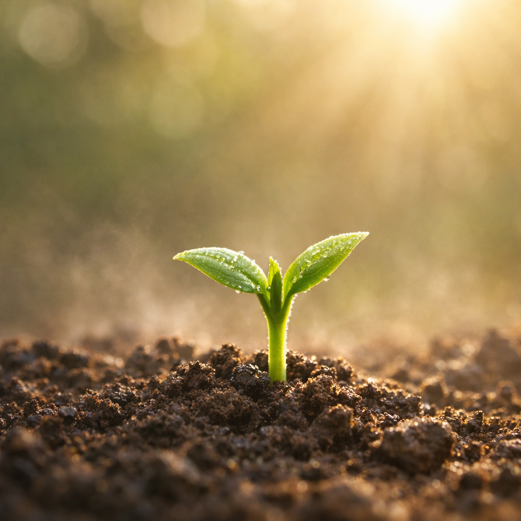 Gentle light illuminating a young plant emerging from the soil