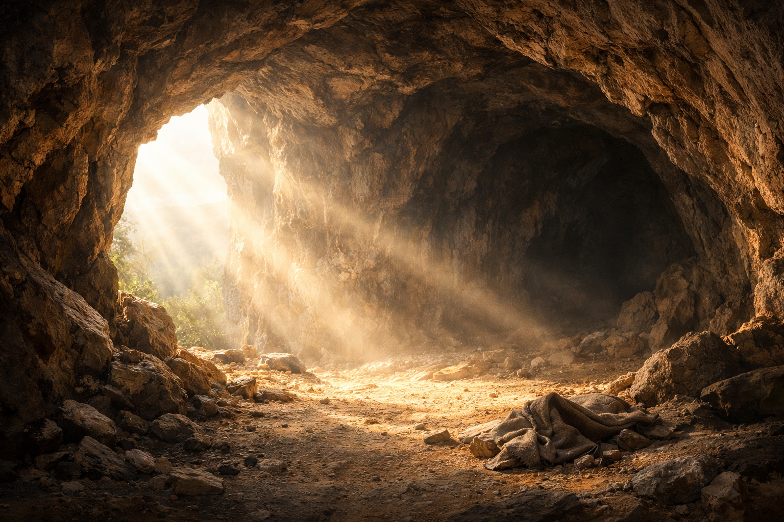 Soft light entering a quiet cave, symbolizing mercy and trust in God.
