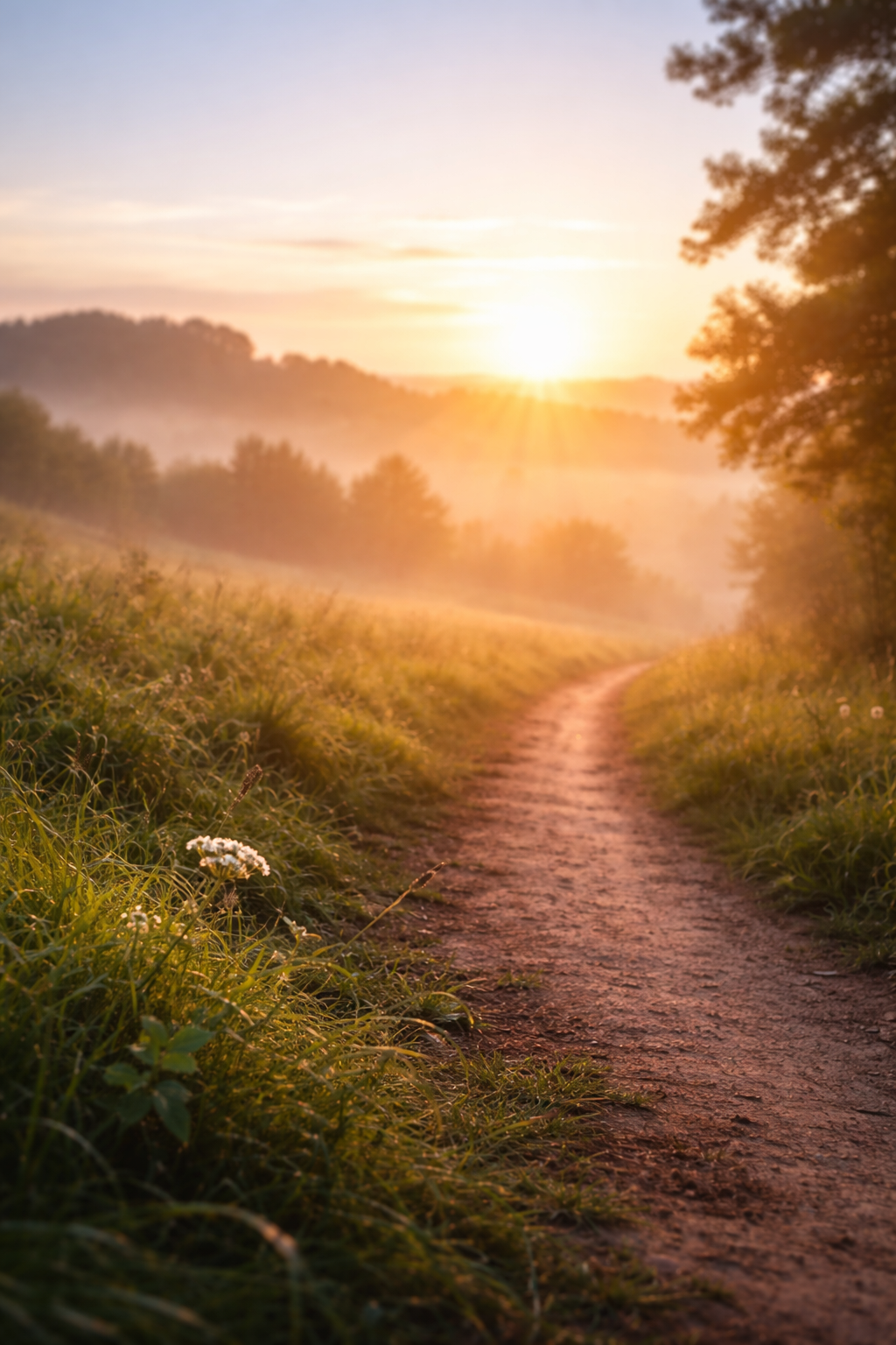 Sunlit path at dawn with soft mist and a small wildflower, symbolizing courage, faithfulness, and mission.