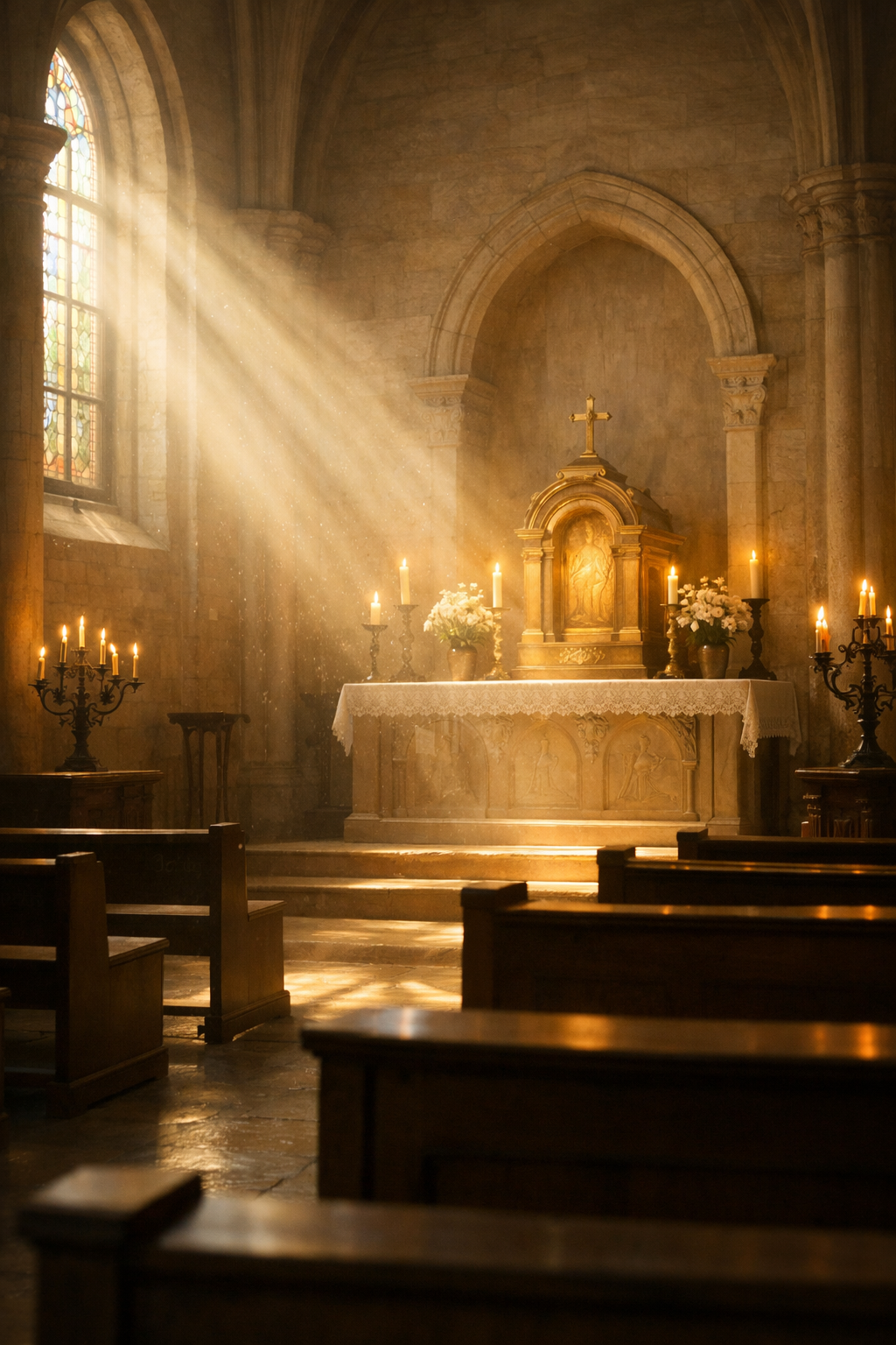 Soft light fills a quiet chapel space, suggesting God’s peaceful presence and nearness.