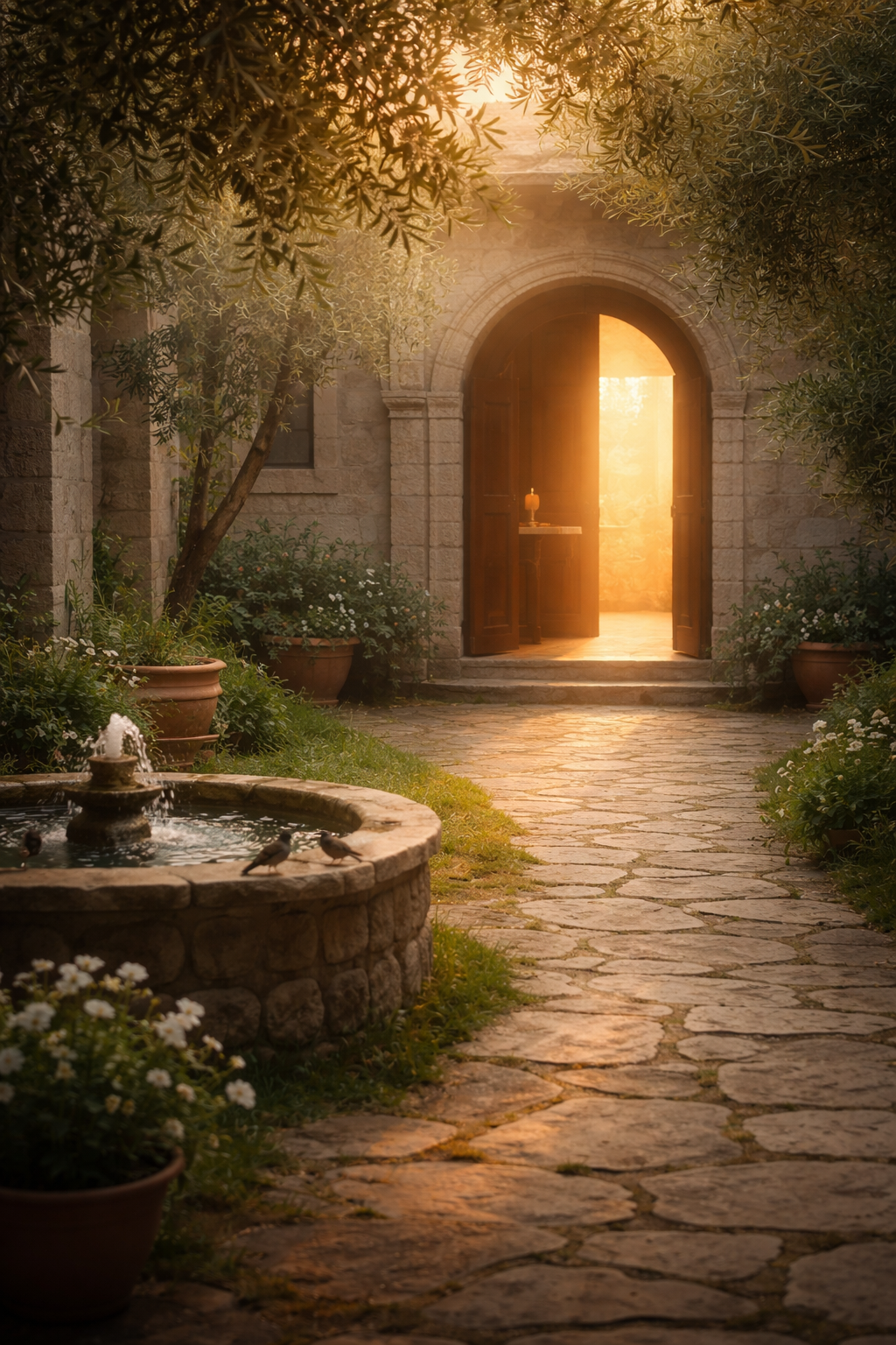 Soft dawn light shining into a quiet chapel doorway along a stone path, symbolizing longing for God’s presence.