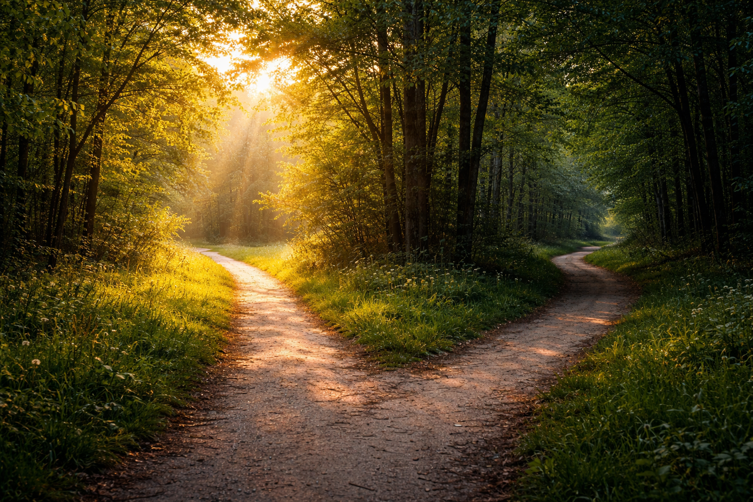 Sunlit path dividing into two directions in a peaceful natural landscape.