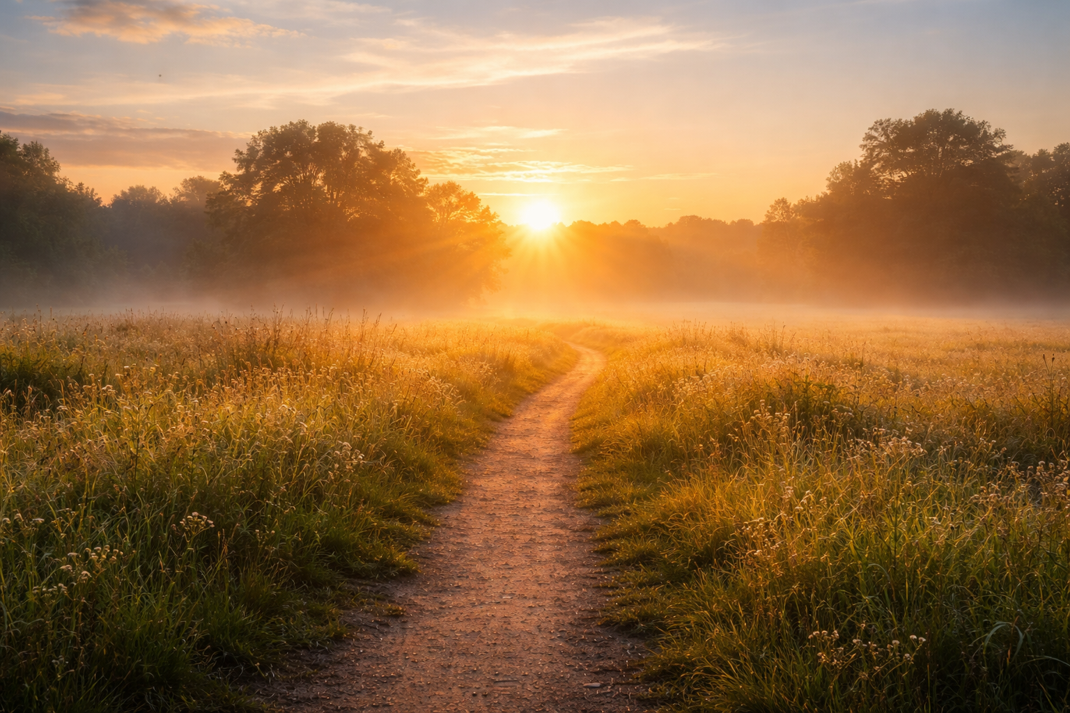 Golden dawn light breaking over a quiet path symbolizing renewal and true fasting.