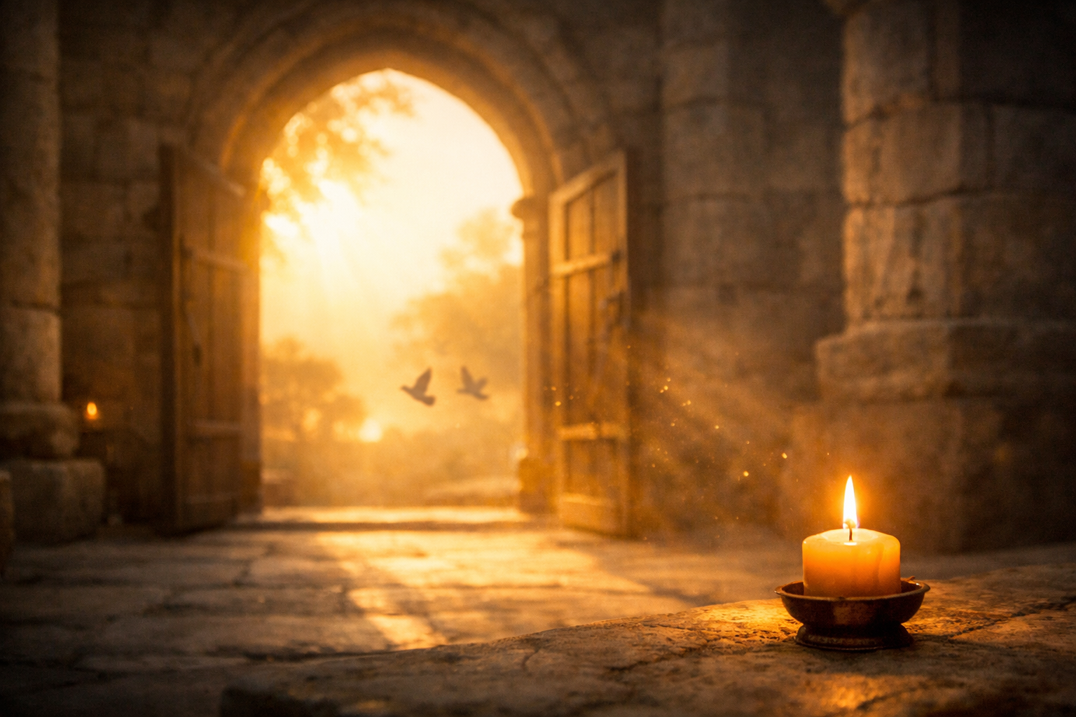 Morning light through an open temple doorway with a single lit candle symbolizing Christ the Light.