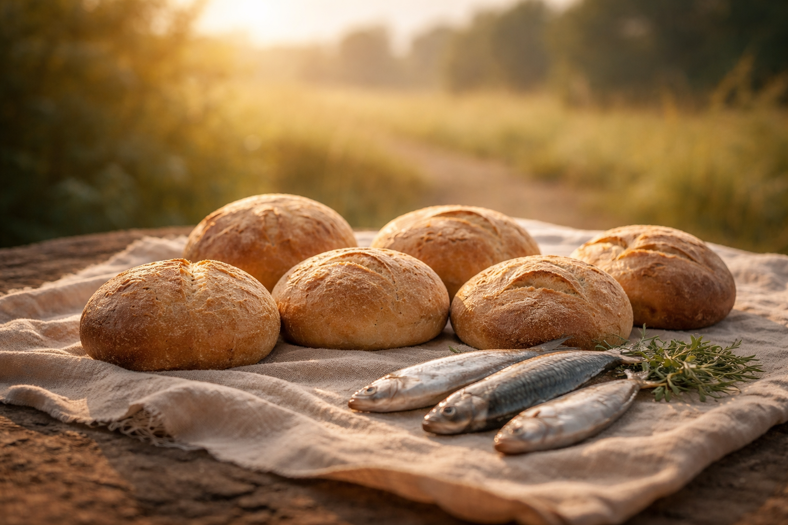 Seven loaves and small fish on cloth in soft morning light symbolizing Christ’s abundance.
