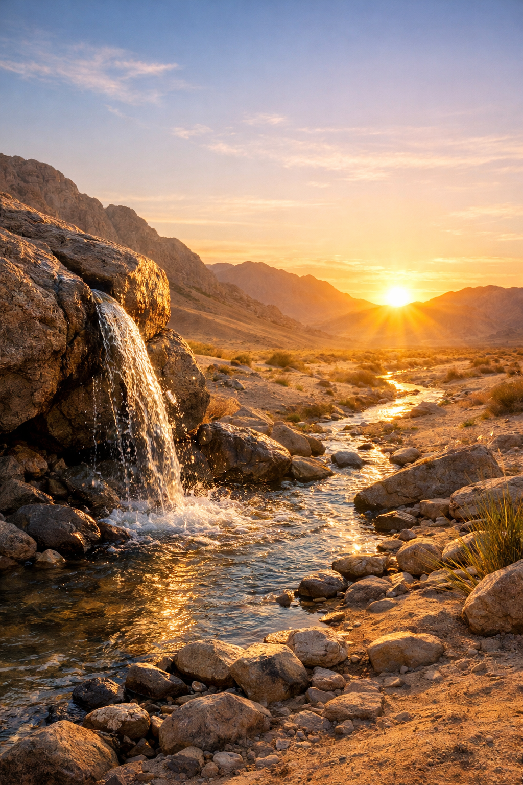 Stream of water flowing from a rock in a desert at sunrise