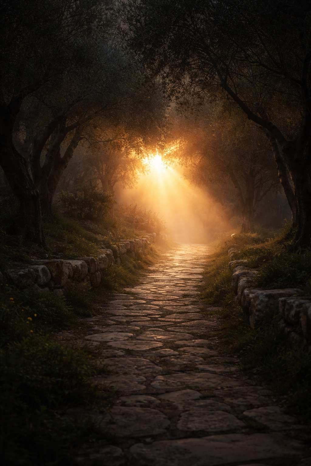 Golden light shining down a quiet stone path at dusk during Holy Week