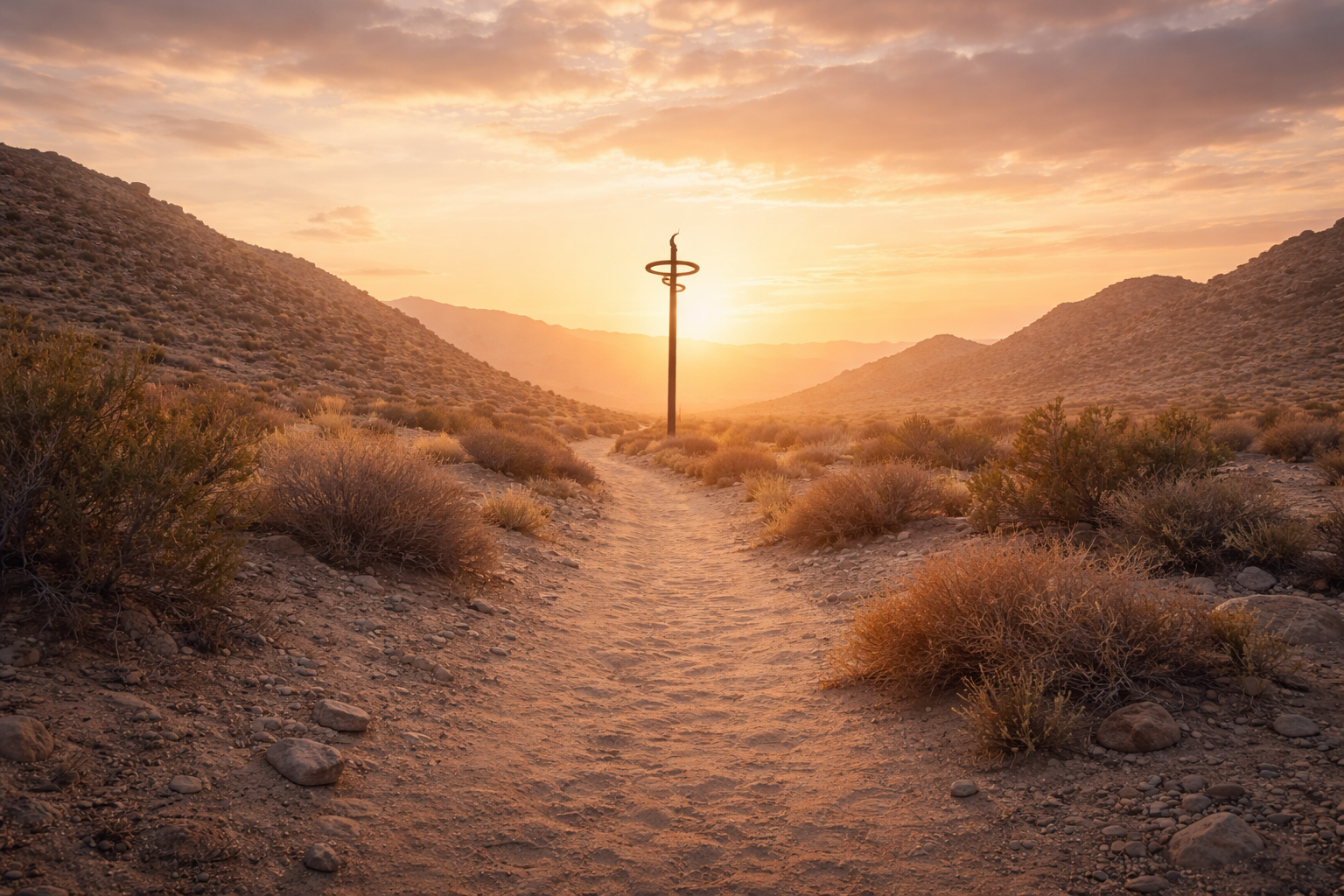 Morning light over a desert path with a distant pole symbolizing healing and hope
