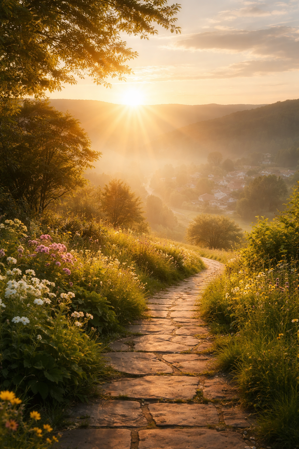 Golden dawn light over a peaceful garden path, symbolizing healing, hope, and God’s renewal.
