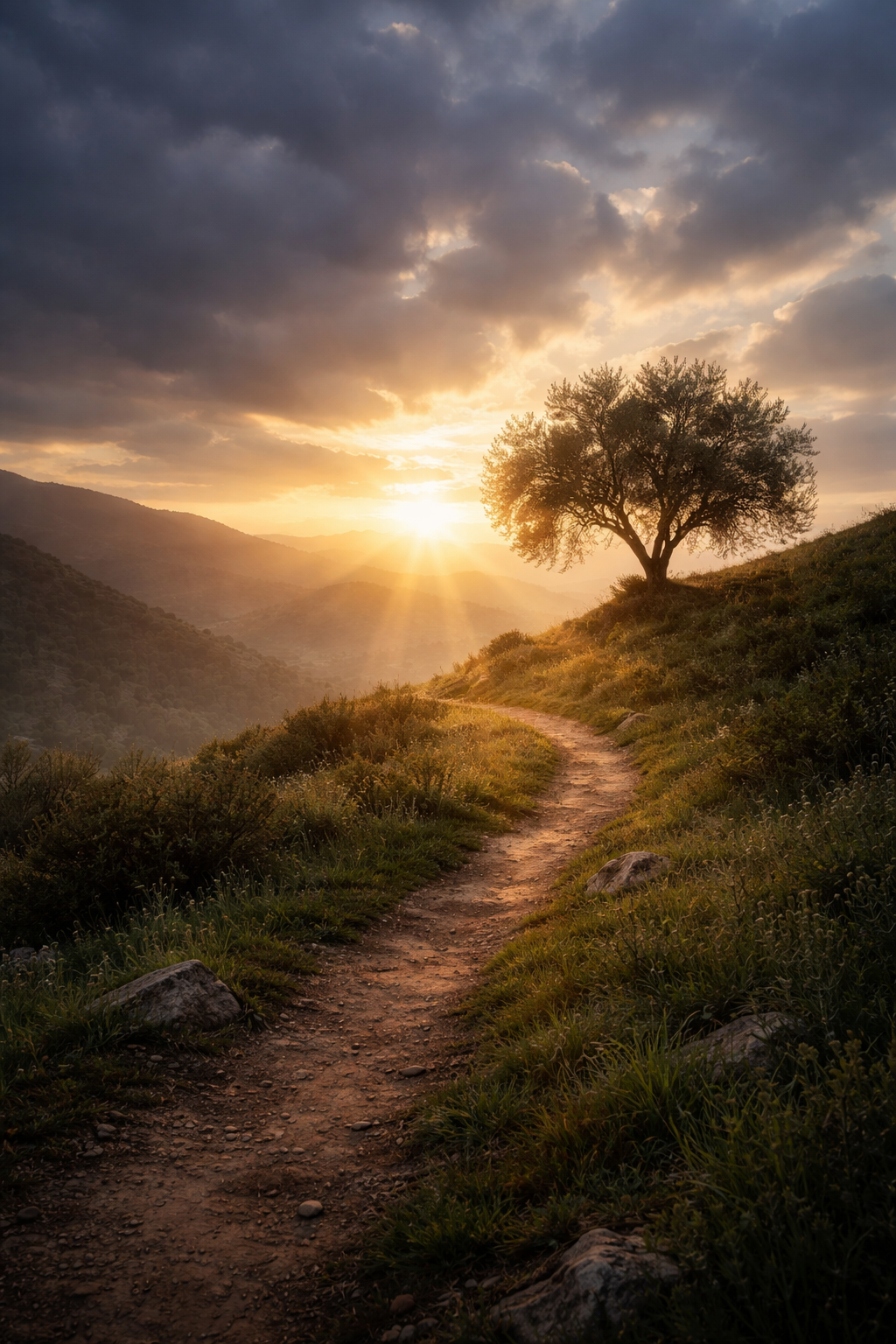 Sunrise light over a quiet path and hillside, symbolizing refuge in God during trials.