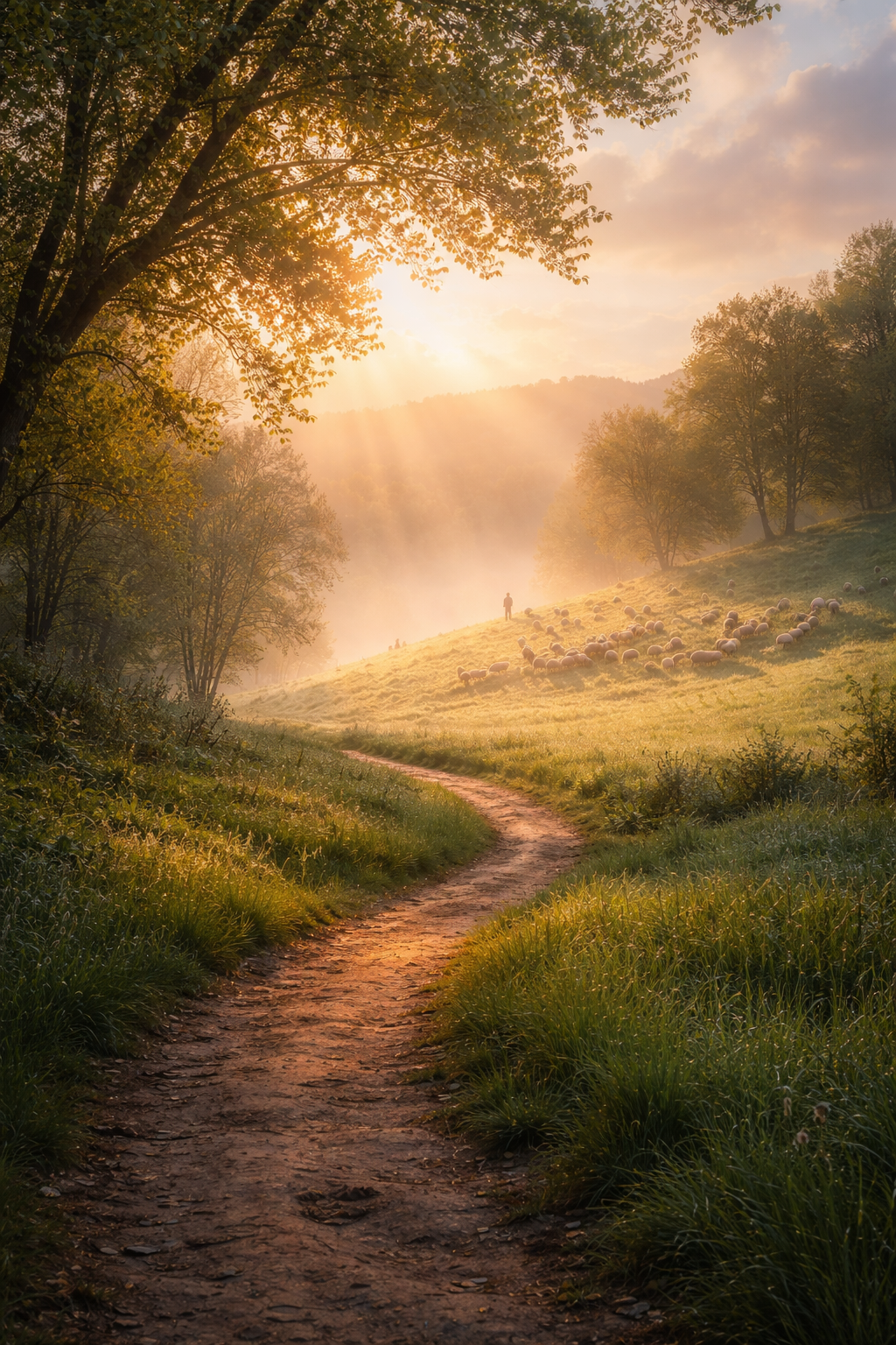 A quiet dawn path and distant flock beneath soft light, symbolizing God gathering His people in peace.