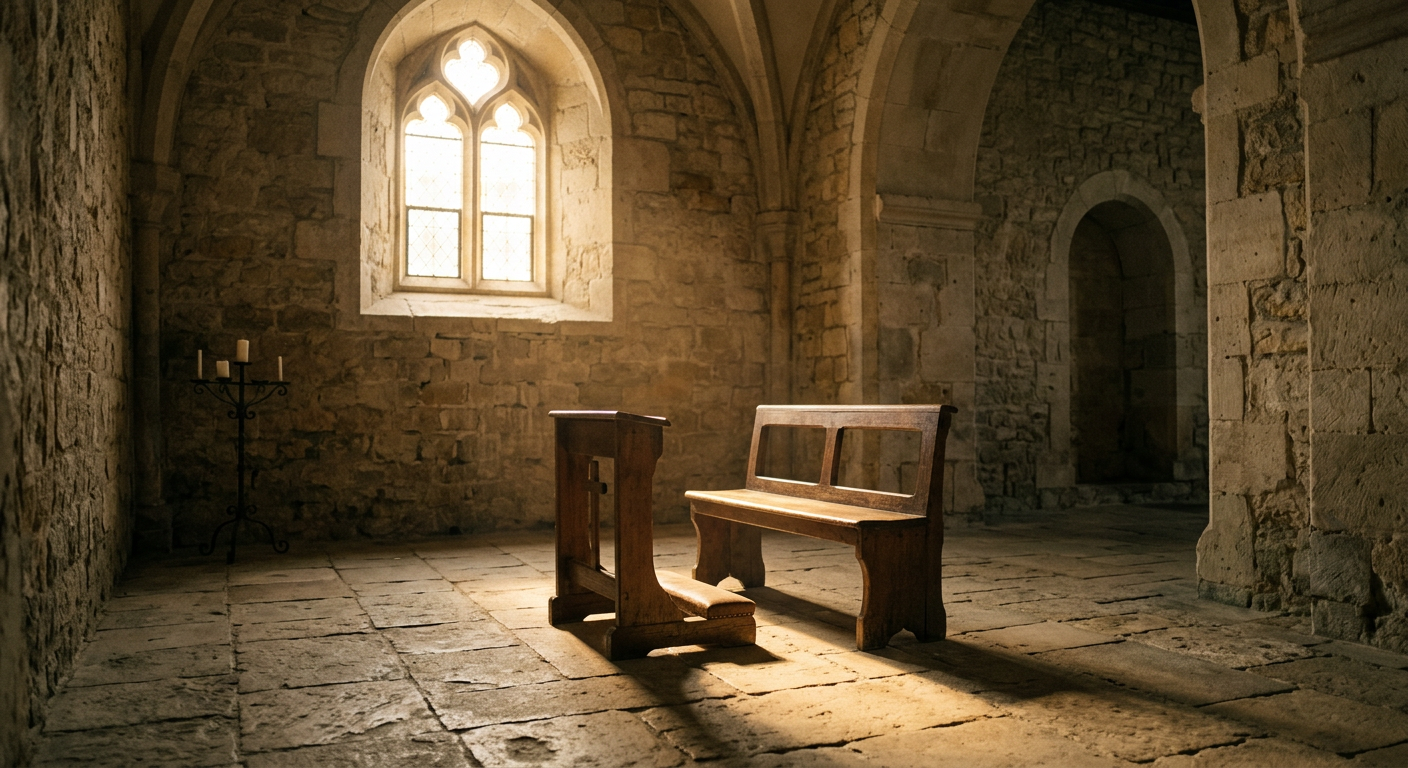 Sunlight falls on a simple prayer bench in a quiet church, symbolizing humility and mercy.