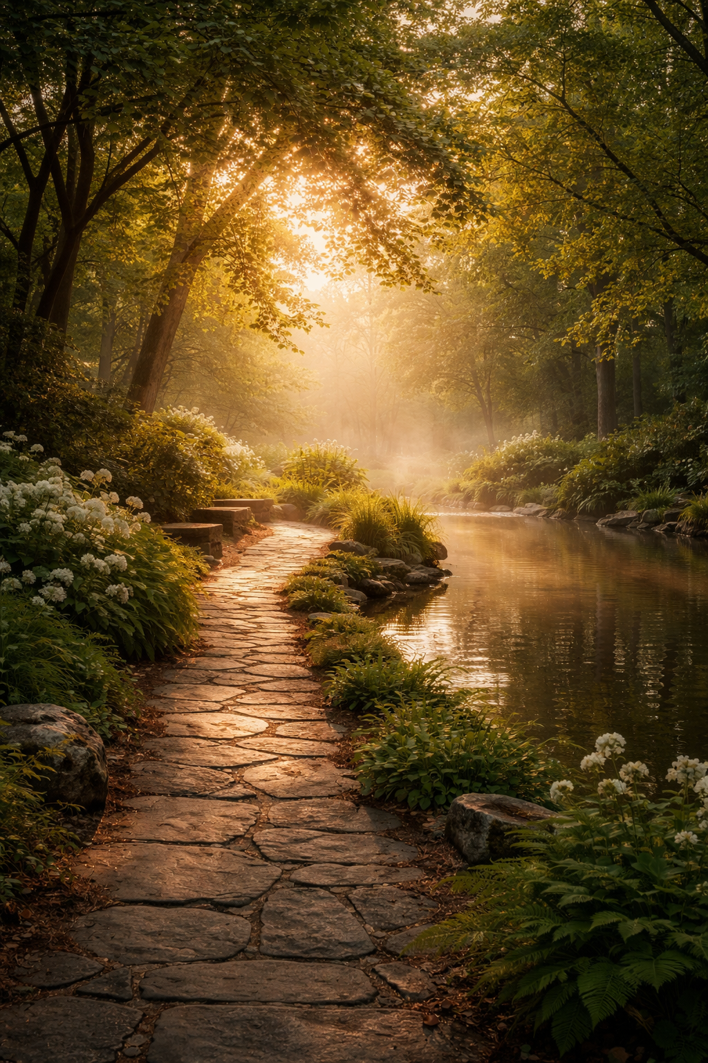 Sunlit garden path beside still water at dawn, symbolizing mercy and God’s guidance.