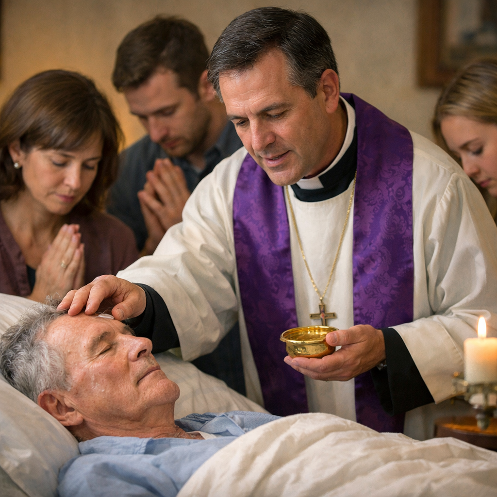 A Catholic priest anointing the forehead of a sick person in bed while family members pray nearby, showing the comfort and grace of the Anointing of the Sick.