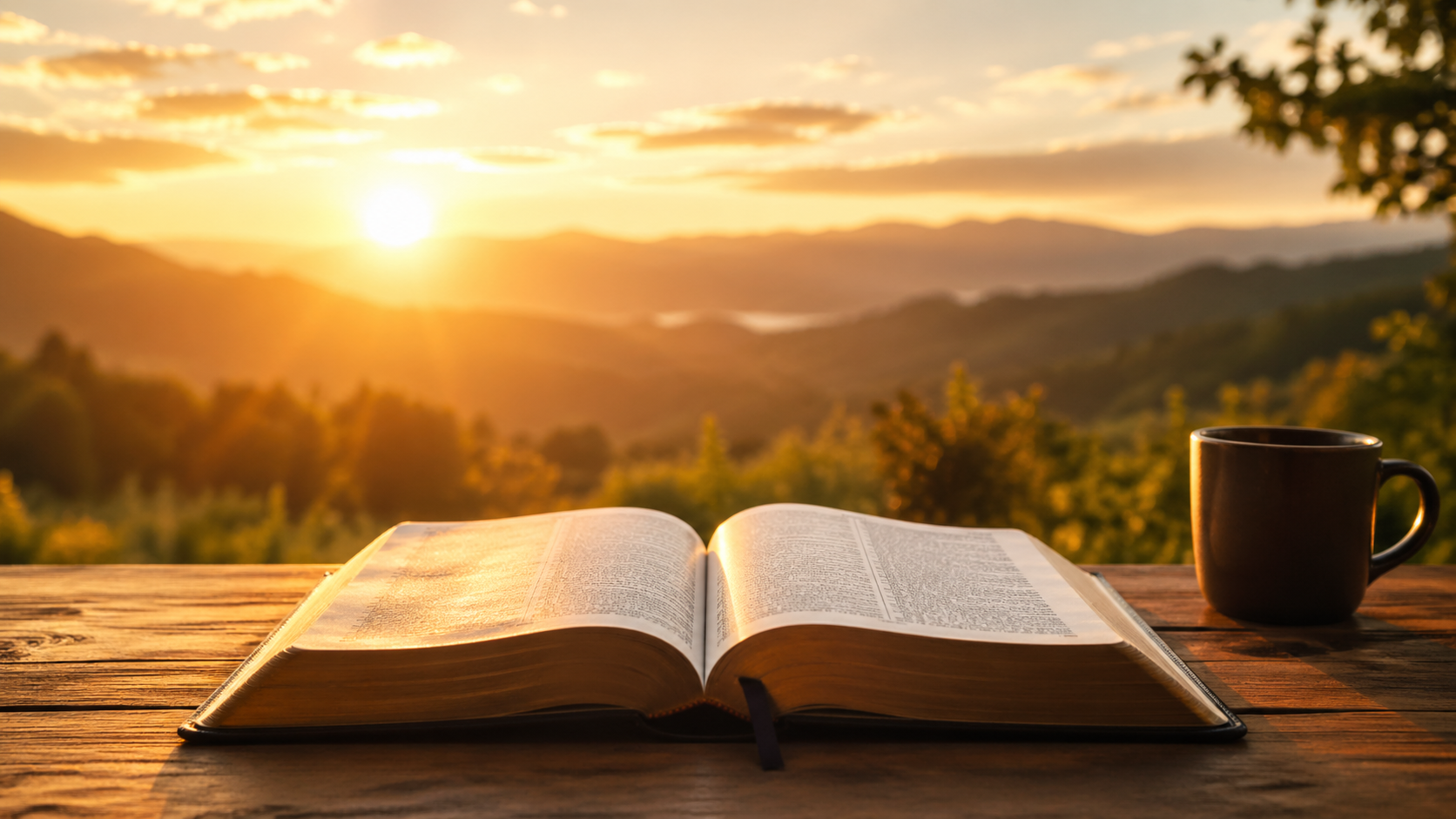 Open Bible on a wooden table at sunrise, symbolizing trust in God and sharing the Gospel.