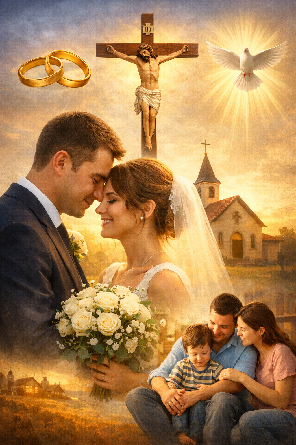 A Christian husband and wife stand together with their children in a warm, faith-filled home, gathered in prayer before a small table with a Bible and candle, representing Matrimony and the domestic church.