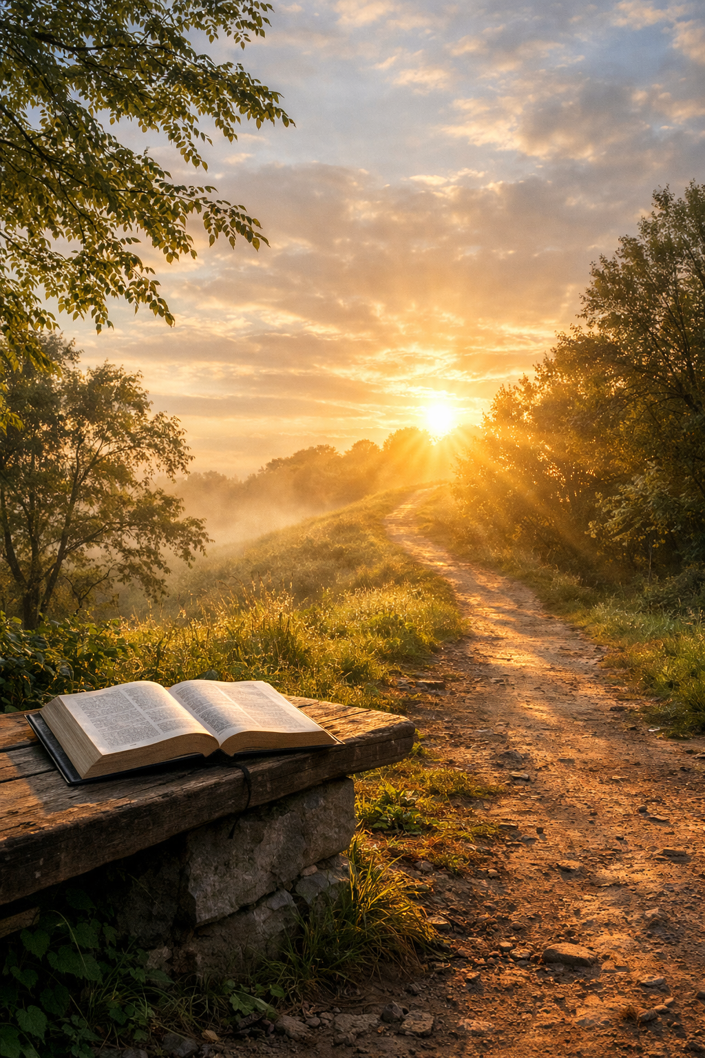 Sunlit path beside an open Bible, symbolizing courage, obedience, and trust in Christ.