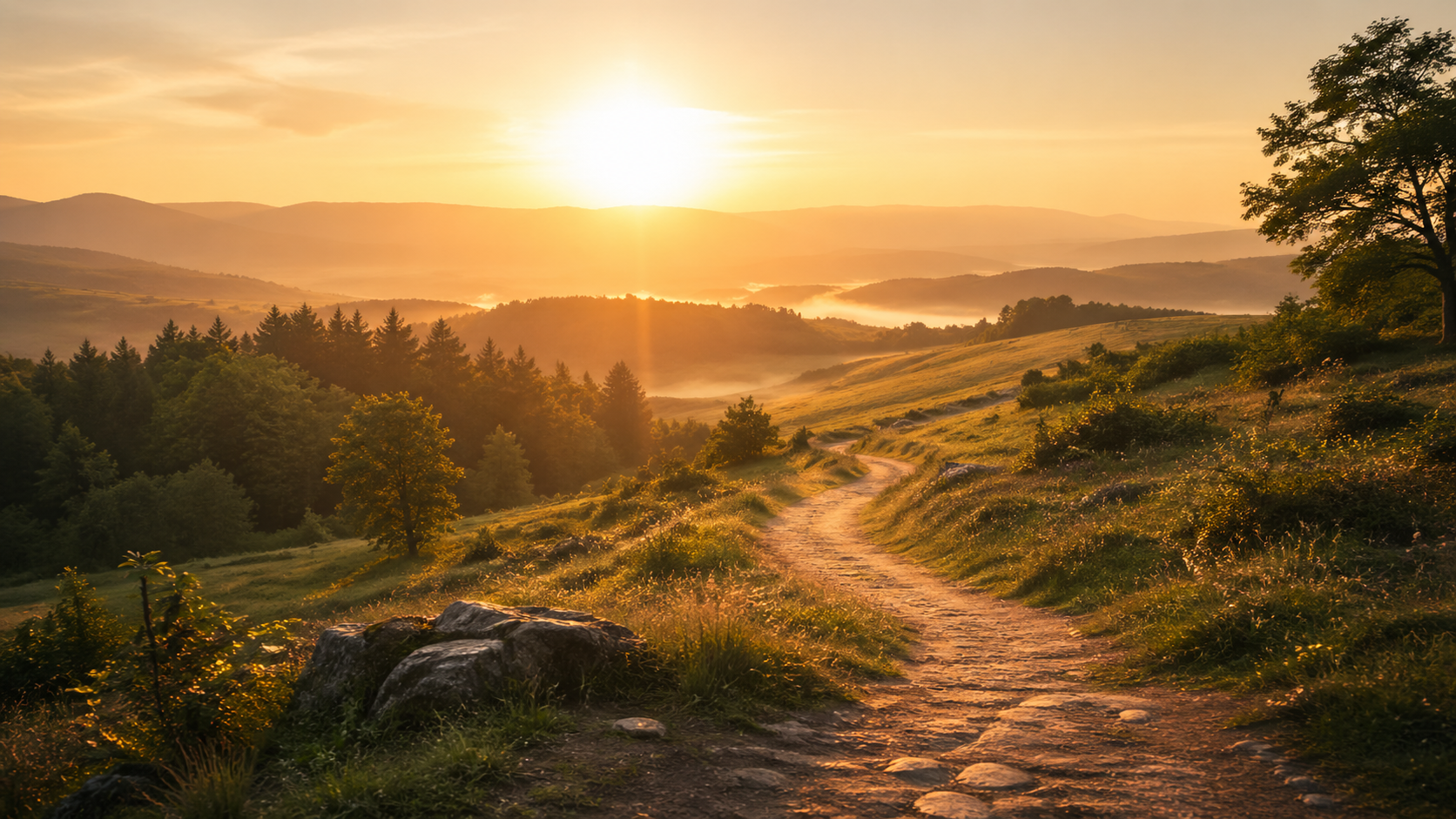 Golden sunrise over a quiet path, symbolizing the Spirit’s guidance and Christ’s saving light.